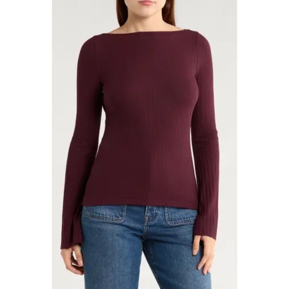 Madewell Ribbed Long Sleeve Top, Burgundy, boat  Neck, Basic Tee, Casual S NWT - Picture 1 of 5
